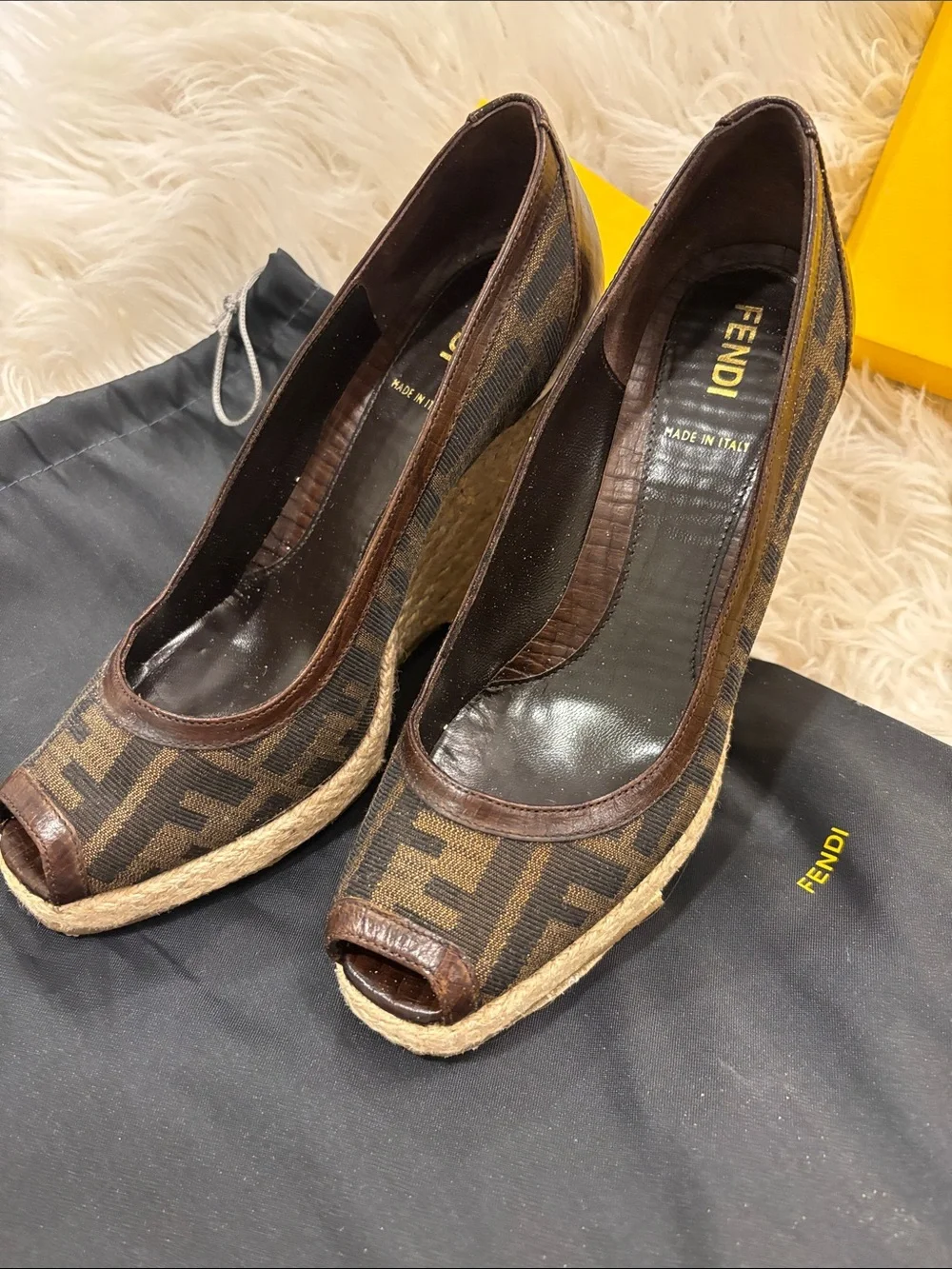 Fendi Dark Brown FF Monogram Espadrille Wedge Peep-Toe